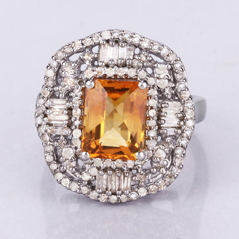 3.47 Carat Genuine Citrine and White Diamond .925 Sterling Silver Ring