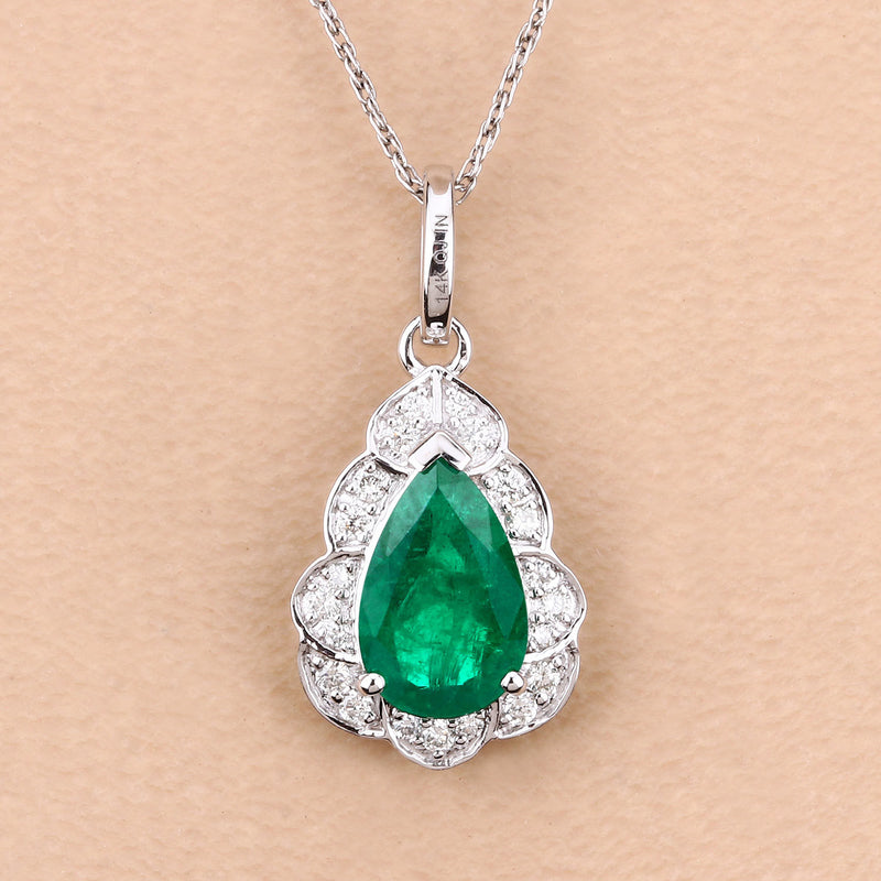 IGI Certified 1.58 Carat Genuine Zambian Emerald and White Diamond 14K White Gold Pendant