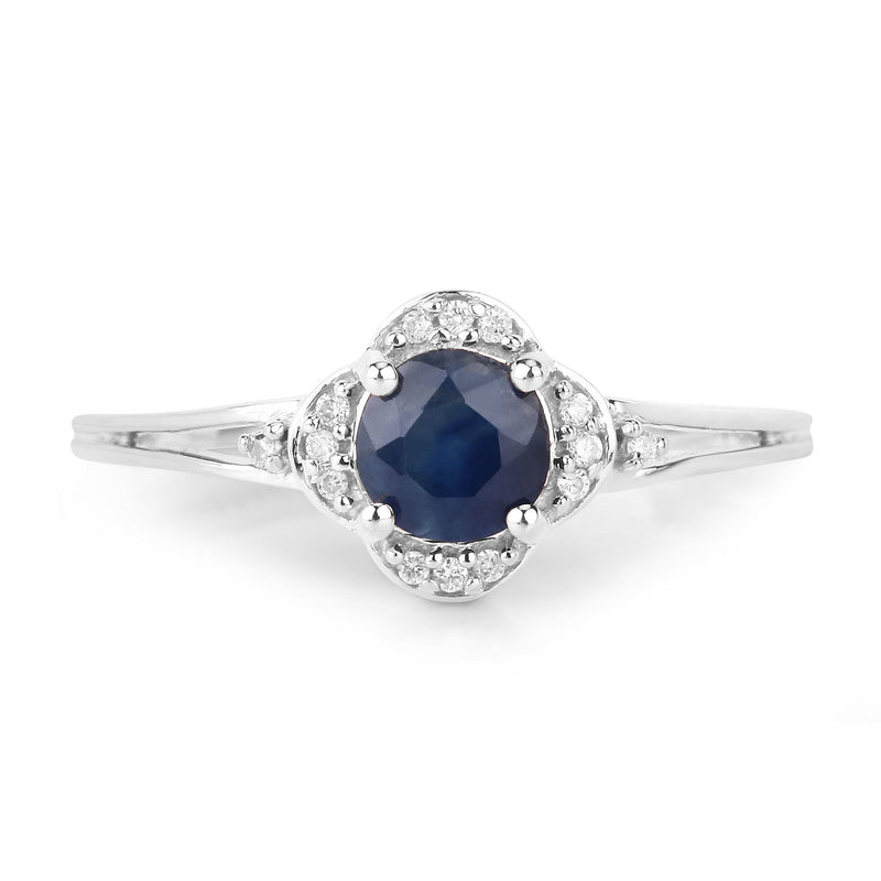 0.69 Carat Genuine Blue Sapphire and White Diamond 14K White Gold Ring