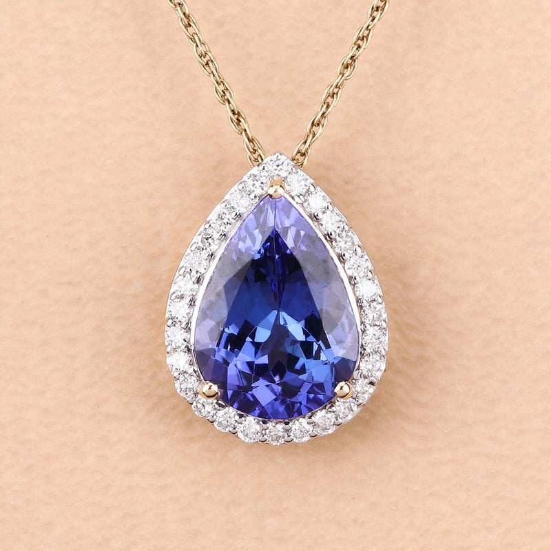 3.10 Carat Genuine Tanzanite and White Diamond 14K Yellow Gold Pendant