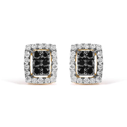 Men's 10K Yellow Gold 1.00 Cttw White and Black Diamond Emerald Shape Halo Stud Earring (Black / I-J Color, I2-I3 Clarity)