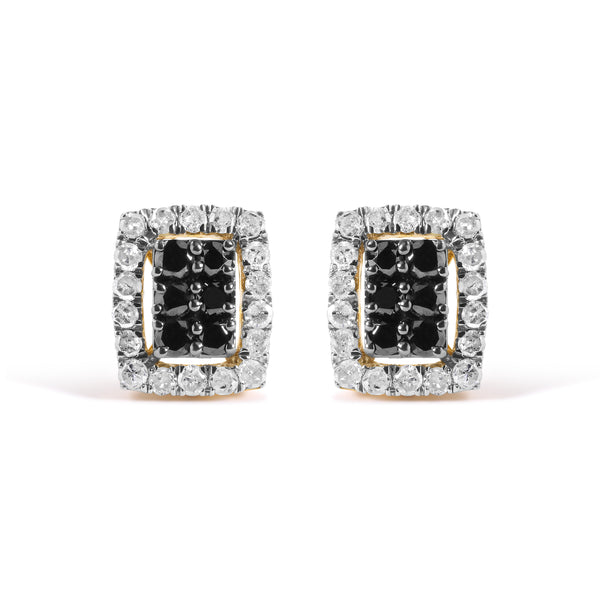 Men's 10K Yellow Gold 1.00 Cttw White and Black Diamond Emerald Shape Halo Stud Earring (Black / I-J Color, I2-I3 Clarity)