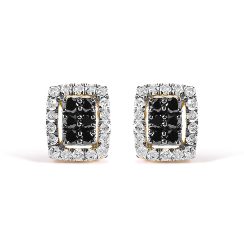 Men's 10K Yellow Gold 1.00 Cttw White and Black Diamond Emerald Shape Halo Stud Earring (Black / I-J Color, I2-I3 Clarity)