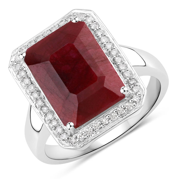 6.93 Carat Dyed Ruby and White Diamond .925 Sterling Silver Ring