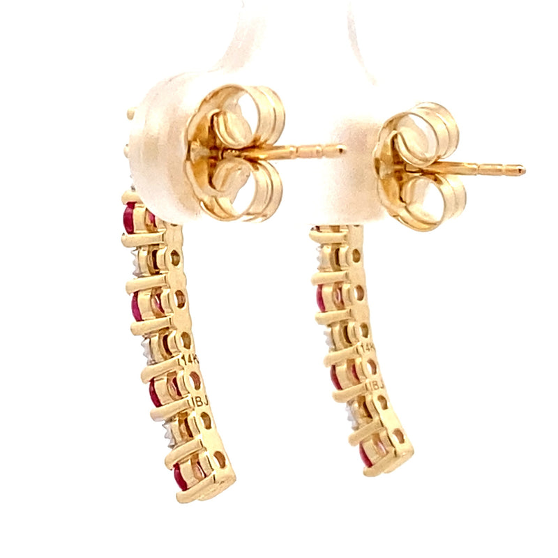 .04ct Ruby Diamond Stick Earrings 14KT Yellow Gold