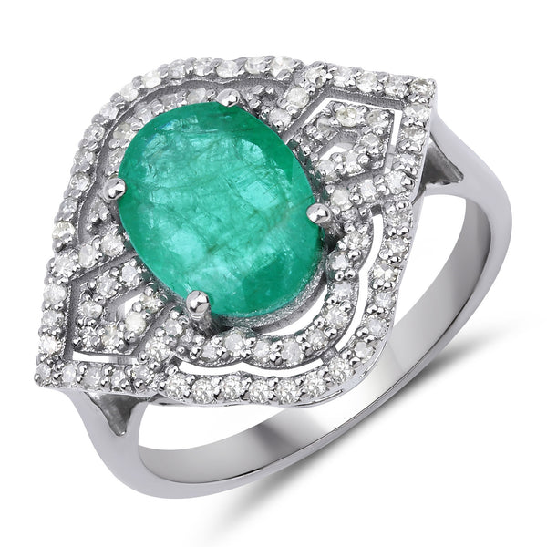 2.96 Carat Genuine Emerald and White Diamond .925 Sterling Silver Ring