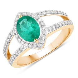 1.62 Carat Genuine Zambian Emerald and White Diamond 14K Yellow Gold Ring