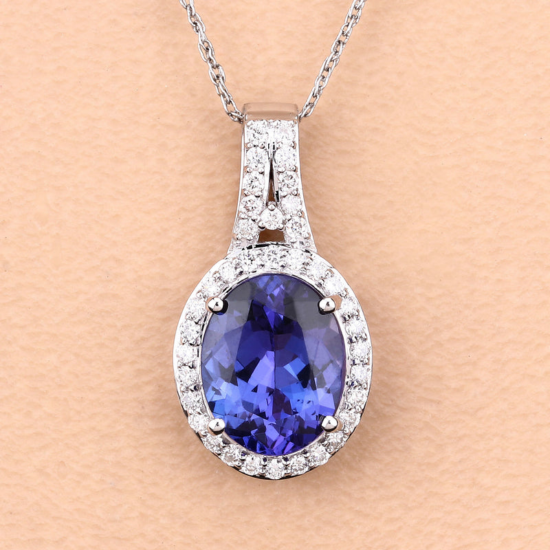 3.17 Carat Genuine Tanzanite and White Diamond 14K White Gold Pendant