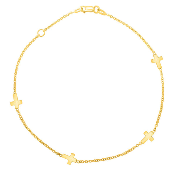 14k Yellow Gold Polished Station Cross Anklet (1.00 mm)