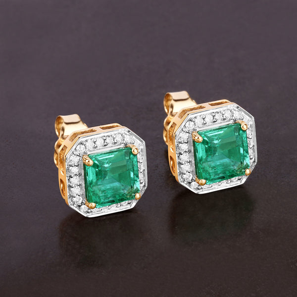 1.90 Carat Genuine Emerald and White Diamond 14K Yellow Gold Earrings