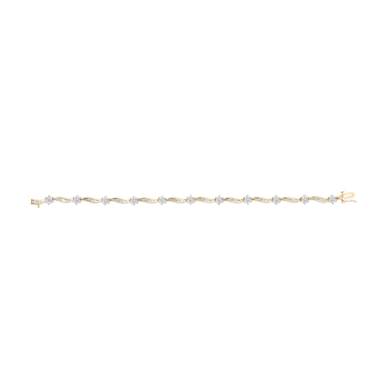 10K Yellow Gold 2.00 Cttw Round-Cut and Baguette-Cut Floral Design Swirl Link 7.5" Bracelet (H-I Color, I2-I3 Clarity)