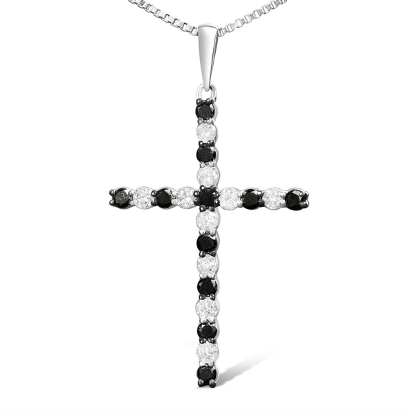 .925 Sterling Silver 1/2 Cttw Alternating Black and White Diamond Cross Pendant Necklace (H-I Color, I2-I3 Clarity) - 18" Inches