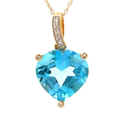 Blue Topaz Diamond Heart Love Pendant 14KT Yellow Gold