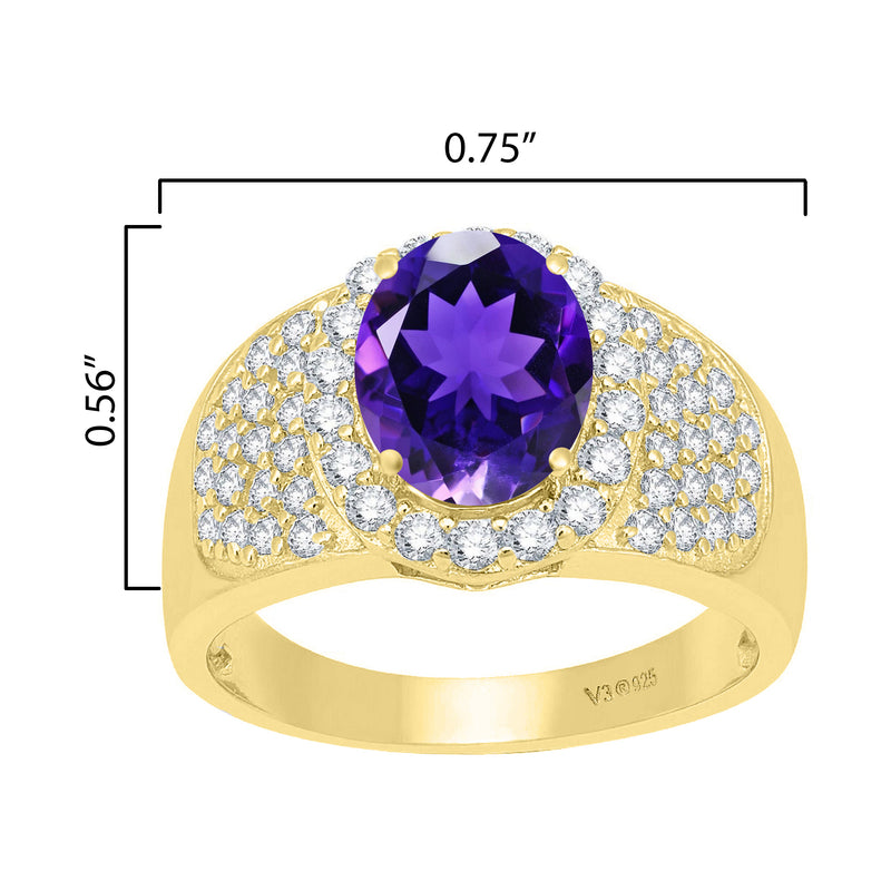 V3 Jewelry Natural Amethyst & White Topaz 18K Gold plated Sterling Silver Halo Ring
