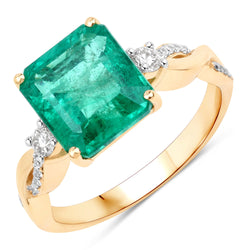 IGI Certified 3.86 Carat Genuine Zambian Emerald and White Diamond 14K Yellow Gold Ring