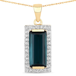 3.64 Carat Genuine Green Tourmaline and White Diamond 14K Yellow Gold Pendant