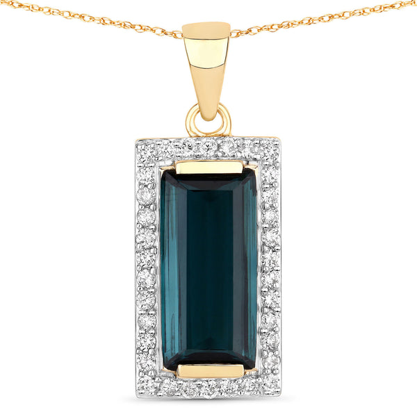 3.64 Carat Genuine Green Tourmaline and White Diamond 14K Yellow Gold Pendant