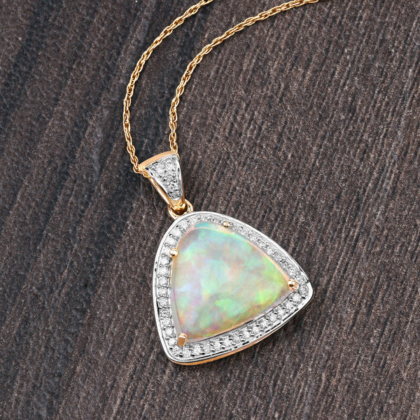 2.60 Carat Genuine Ethiopian Opal and White Diamond 14K Yellow Gold Pendant