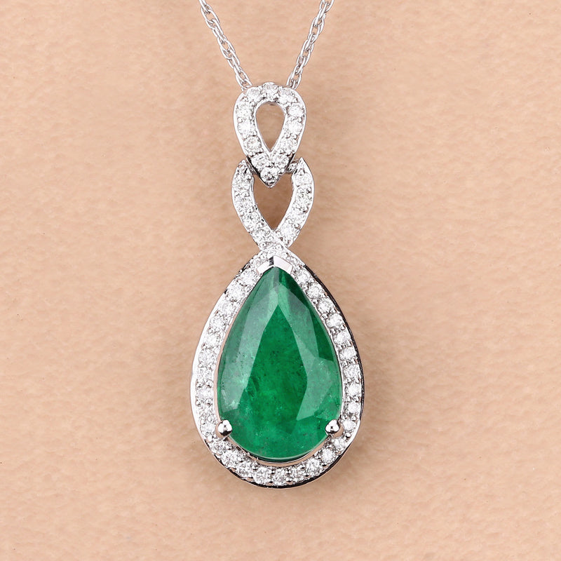 IGI Certified 3.11 Carat Genuine Zambian Emerald and White Diamond 14K White Gold Pendant