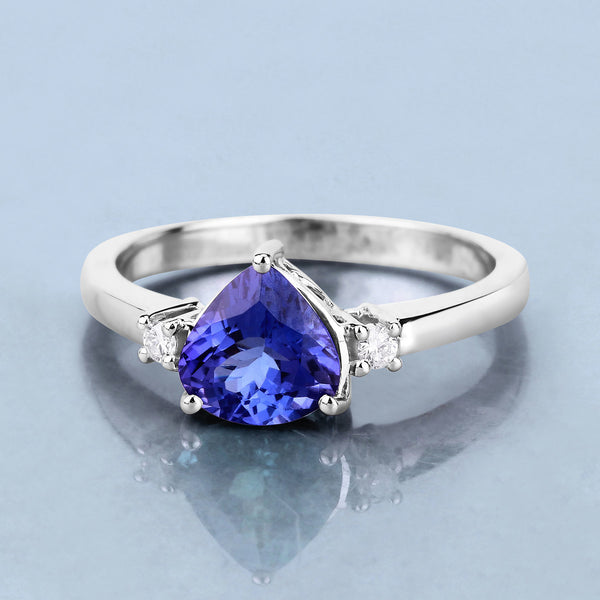 1.37 Carat Genuine Tanzanite and White Diamond 14K White Gold Ring