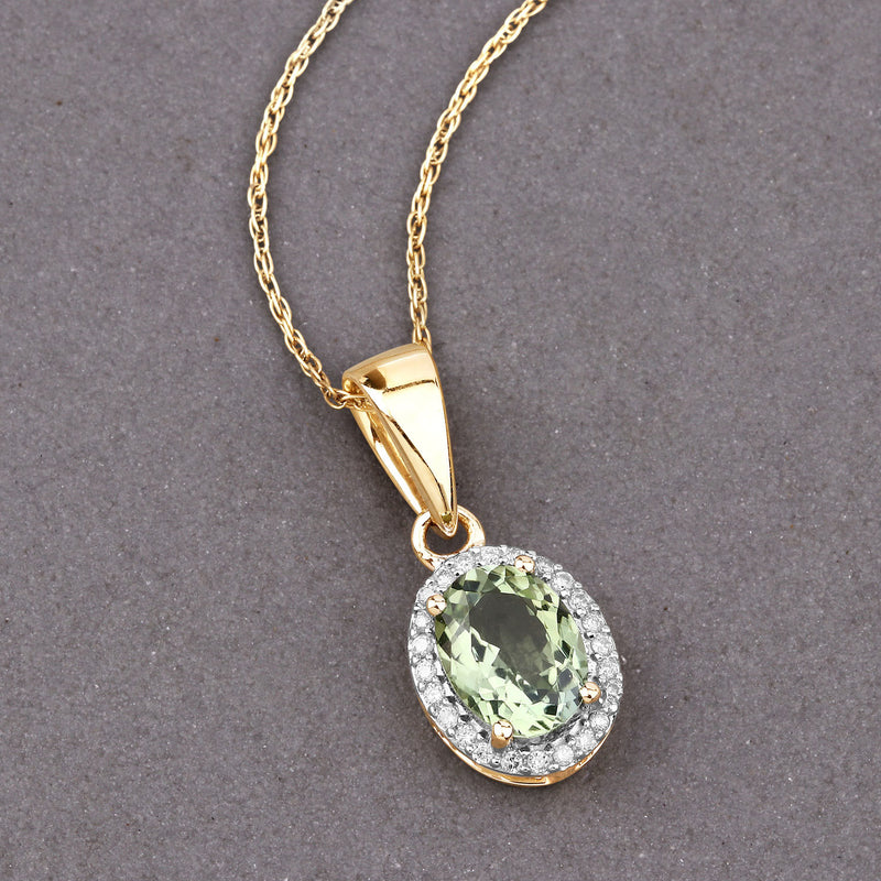 1.27 Carat Genuine Green Tourmaline and White Diamond 14K Yellow Gold Pendant