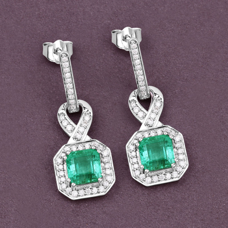 2.83 Carat Genuine Emerald and White Diamond 14K White Gold Earrings