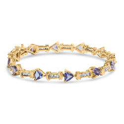 14K Yellow Gold 4x3 Trillion Cut Purple Tanzanite and Diamond Link Bracelet (H-I Color, SI2-I1 Clarity) - 7" Inches