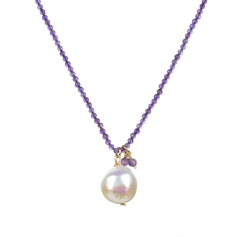 V3 Jewelry Natural Amethyst and Freshwater Pearl 18k Gold-Plated Beaded Adjustable Necklace