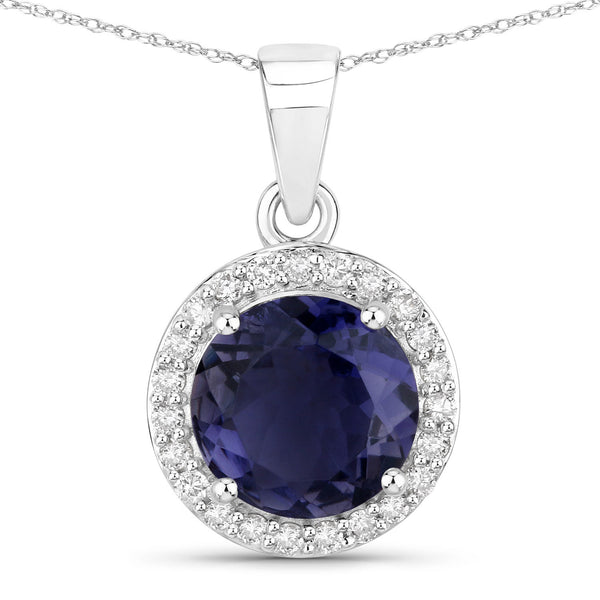 1.71 Carat Genuine Iolite and White Diamond 14K White Gold Pendant