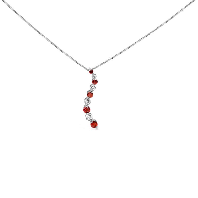 14K White Gold 1.0 Cttw Alternating Treated Red and White Diamond Journey 18" Pendant Necklace (H-I Color, I1-I2 Clarity)