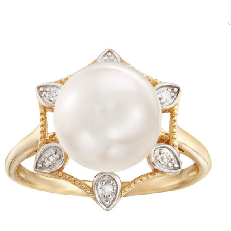 V3 Jewelry 18K Gold Plated Freshwater Pearl and White Topaz Hexagon Ring