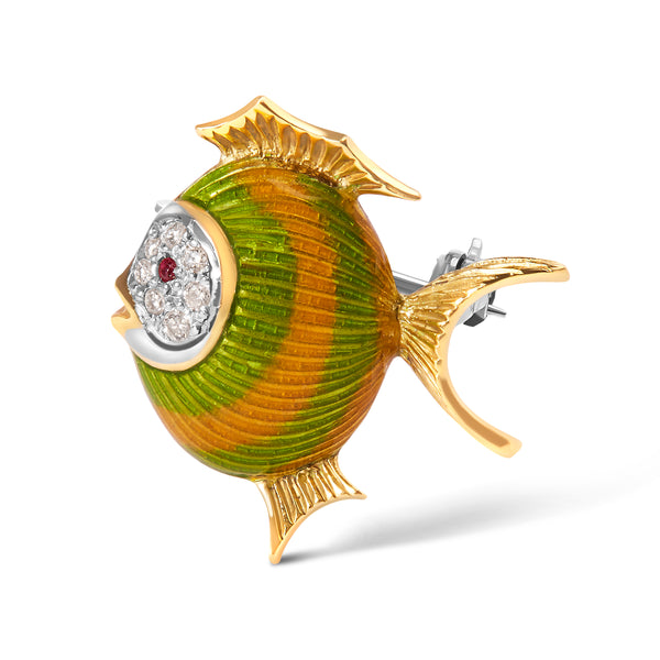 18K Yellow Gold Diamond and Ruby Clownfish Enamel Brooch and Pin (H-I Color, VS2-SI1 Clarity)