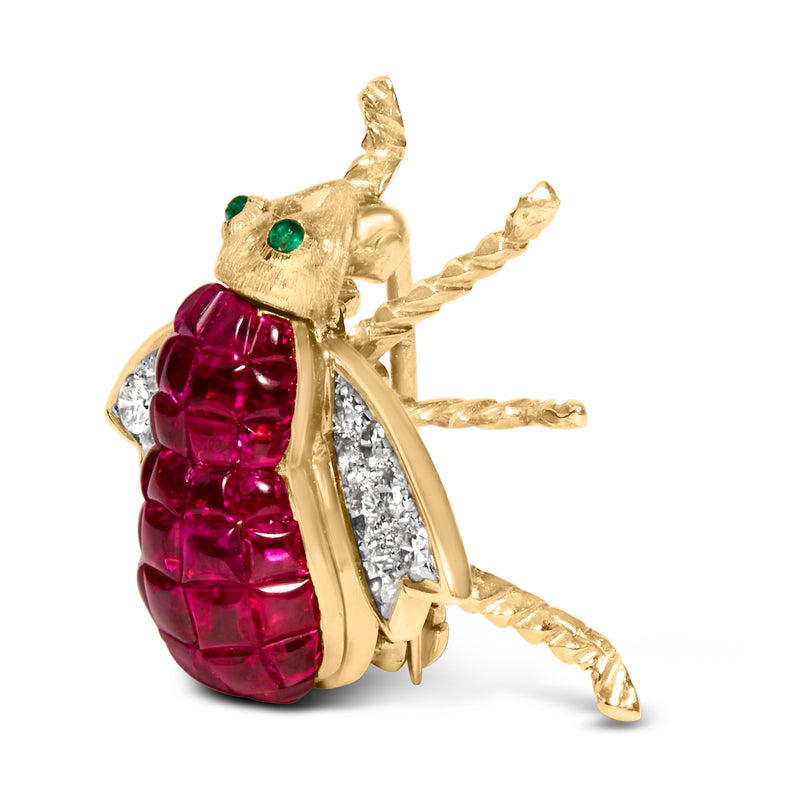 18K Yellow Gold 3/8 Cttw Diamond and 6 3/4 Cttw Red Ruby Bumblebee Brooch Pin (F-G Color, VS2-SI1 Clarity)