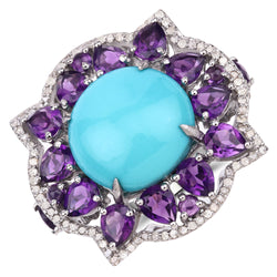 14.50 Carat Genuine Amethyst, Turquoise and White Diamond .925 Sterling Silver Ring