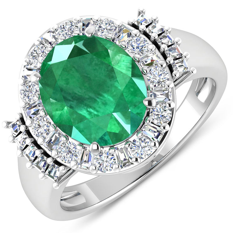 3.98 Carat Genuine Zambian Emerald and White Diamond 14K White Gold Ring