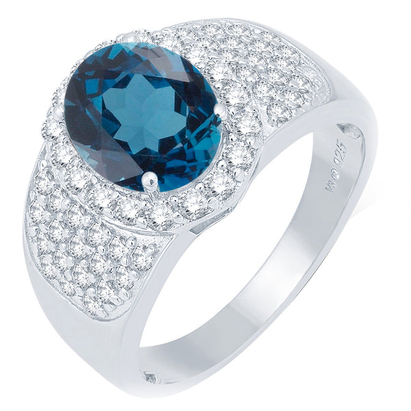 V3 Jewelry Natural London Blue Topaz & White Topaz Halo Ring