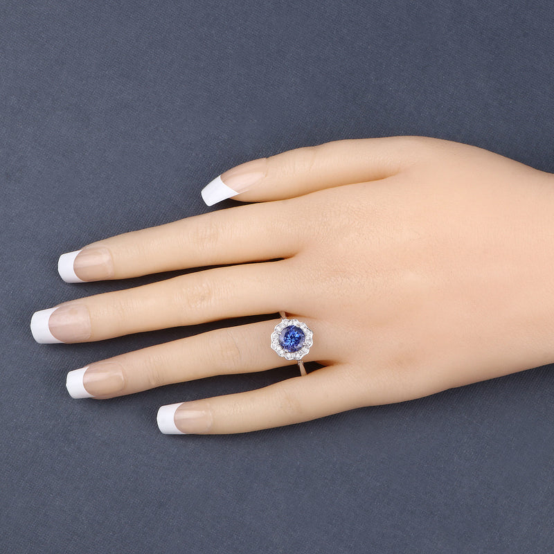 2.09 Carat Genuine Tanzanite and White Diamond 14K White Gold Ring