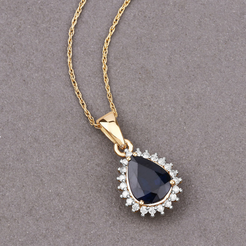 2.09 Carat Genuine Blue Sapphire and White Diamond 14K Yellow Gold Pendant