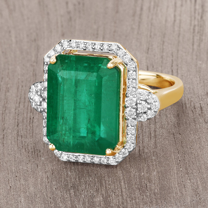 IGI Certified 12.02 Carat Genuine Zambian Emerald and White Diamond 14K Yellow Gold Ring