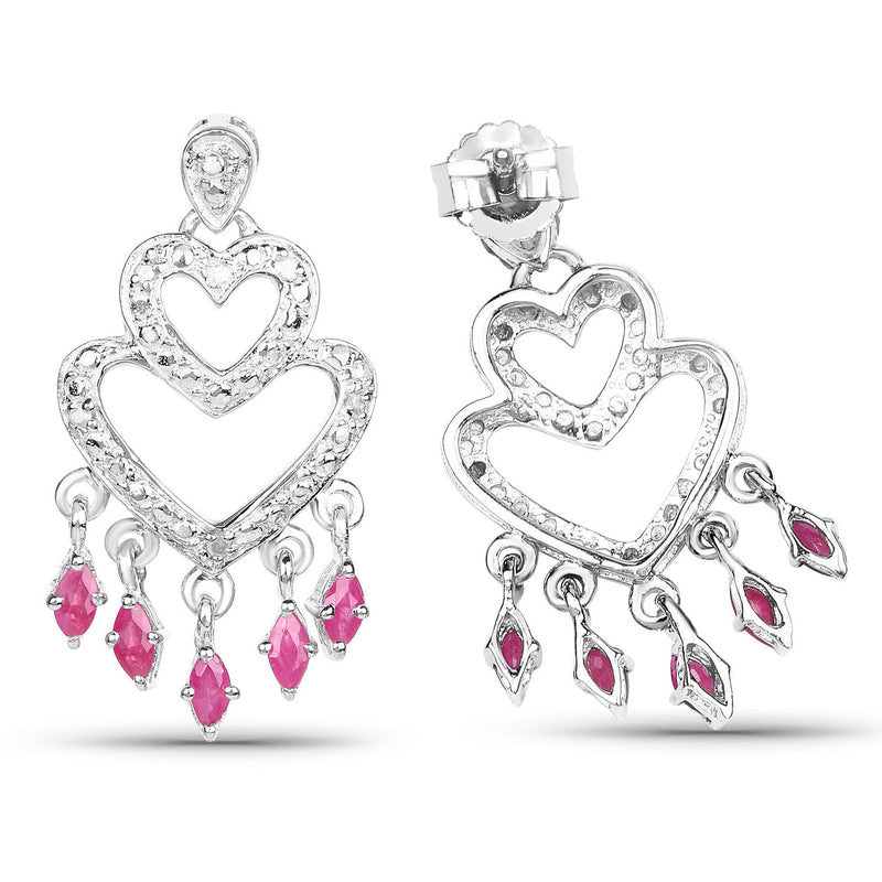 0.99 Carat Genuine Ruby and White Diamond .925 Sterling Silver Earrings