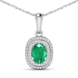 1.50 Carat Genuine Zambian Emerald and White Diamond 14K White Gold Pendant