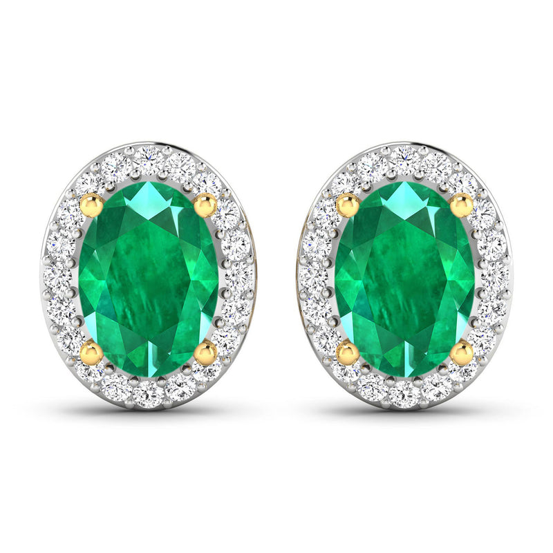 1.70 Carat Genuine Zambian Emerald and White Diamond 14K Yellow Gold Earrings