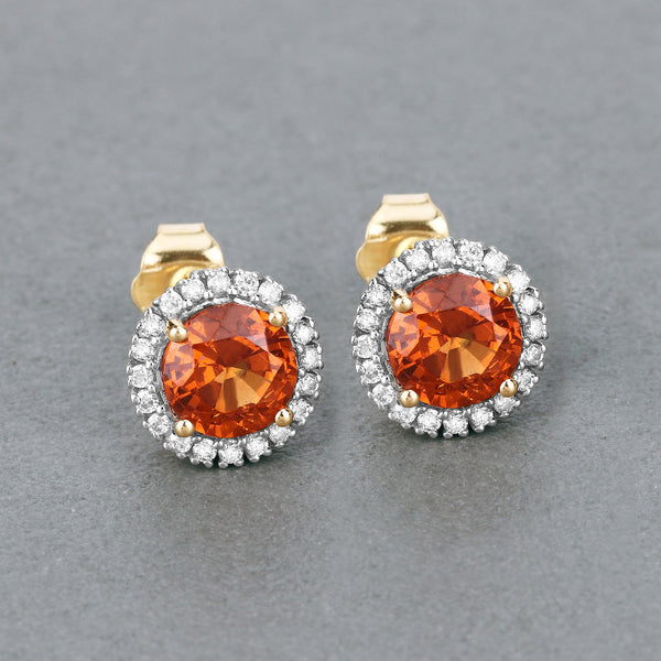 2.50 Carat Genuine Spessartite Garnet and White Diamond 14K Yellow Gold Earrings