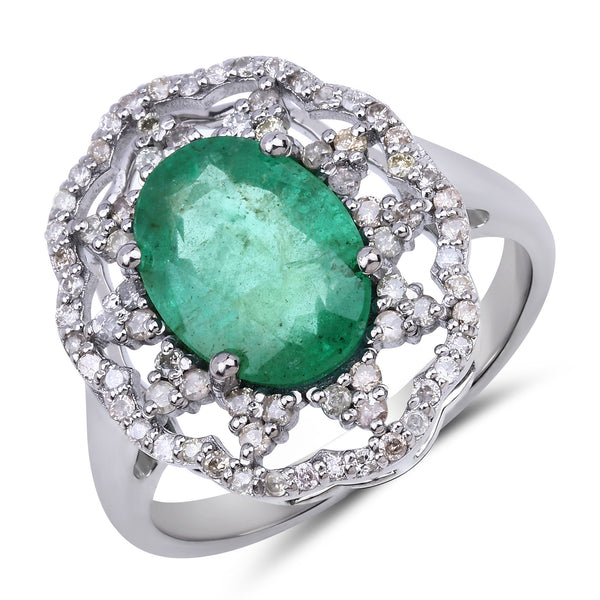 2.39 Carat Genuine Emerald and White Diamond .925 Sterling Silver Ring