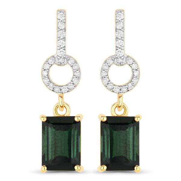 2.28 Carat Genuine Green Tourmaline and White Diamond 14K Yellow Gold Earrings