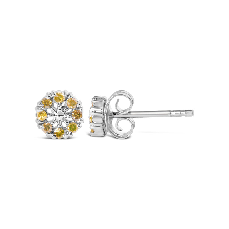 925 Sterling Silver 1/10 Cttw Yellow Diamond Floral Cluster Stud Earrings (Yellow Color, I3 Clarity)