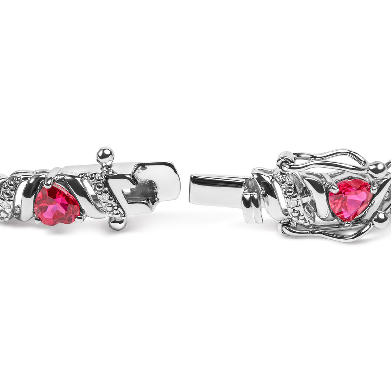 .925 Sterling Silver Created Heart Shape Red Ruby and White Diamond Accent Link Bracelet (I-J Color, I3 Clarity)- 7.25" Inches