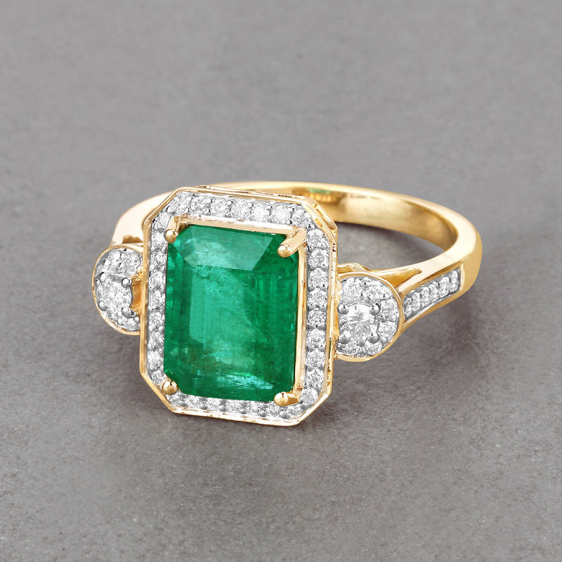 IGI Certified 2.87 Carat Genuine Zambian Emerald and White Diamond 14K Yellow Gold Ring