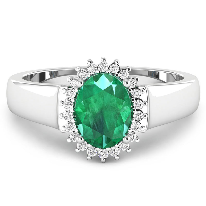 1.31 Carat Genuine Zambian Emerald and White Diamond 14K White Gold Ring