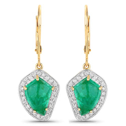 6.40 Carat Genuine Colombian Emerald and White Diamond 14K Yellow Gold Earrings